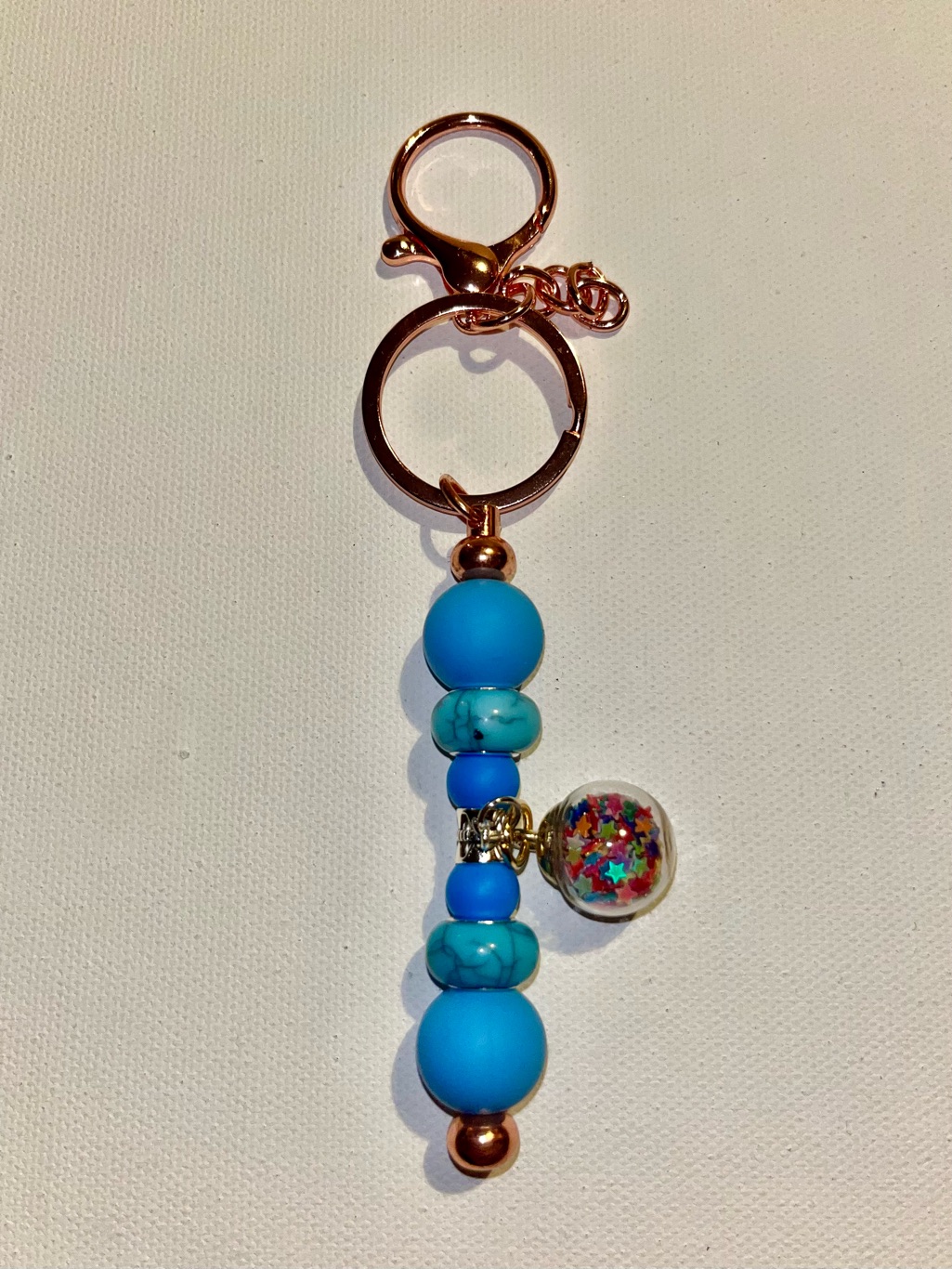 Rose Gold Turquoise Beaded Keychain With Star Confetti-Filled Charm